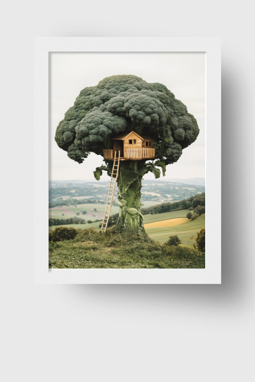 Poster mit einem kreativen Baumhaus aus Brokkoli vor ländlicher grüner Landschaft in natürlichem Stil