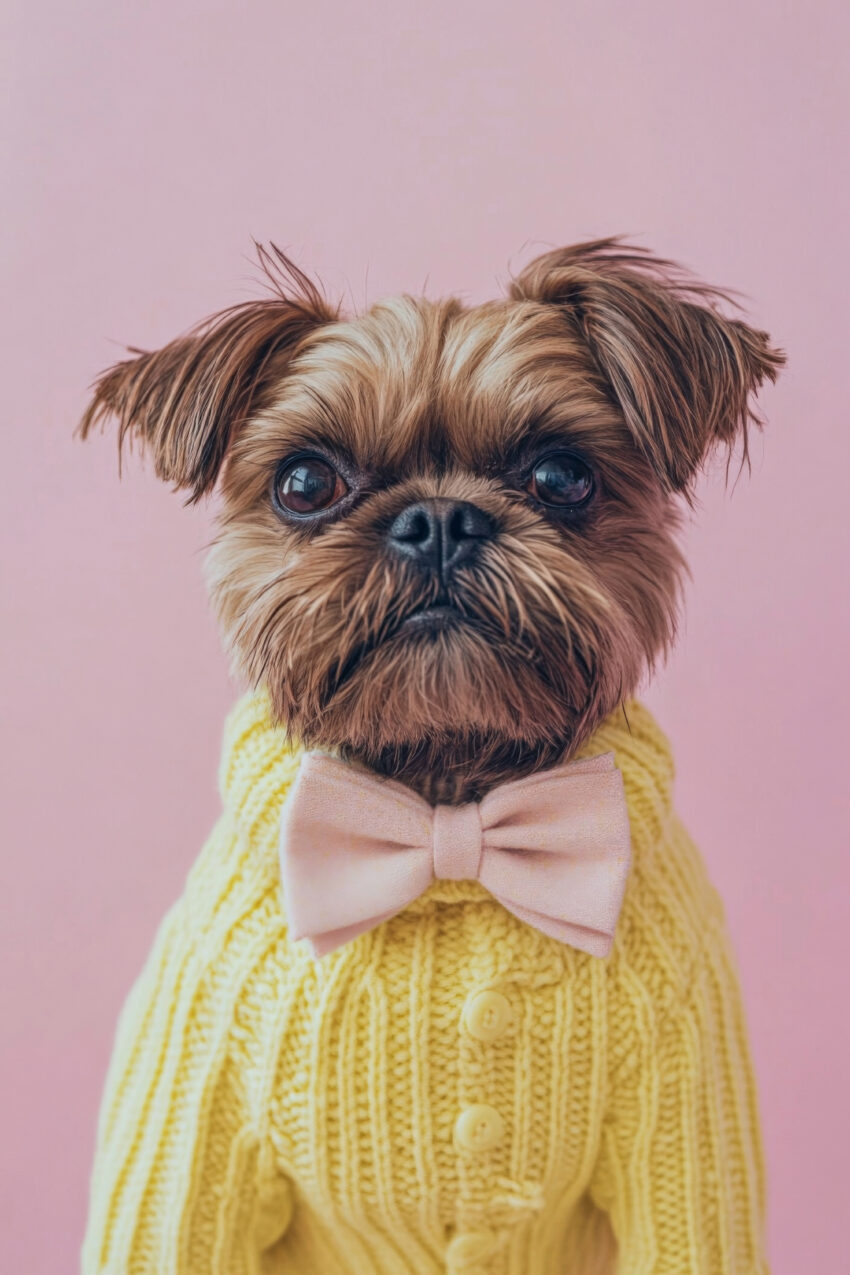 Kunstdruck eines kleinen Hundes im gelben Strickpullover mit rosa Fliege vor rosa Hintergrund