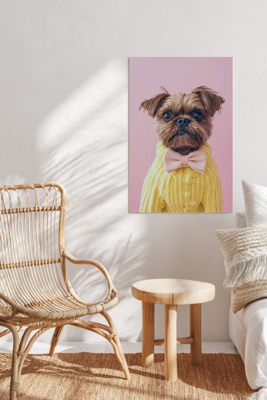 Kunstdruck eines kleinen Hundes im gelben Strickpullover mit rosa Fliege vor rosa Hintergrund