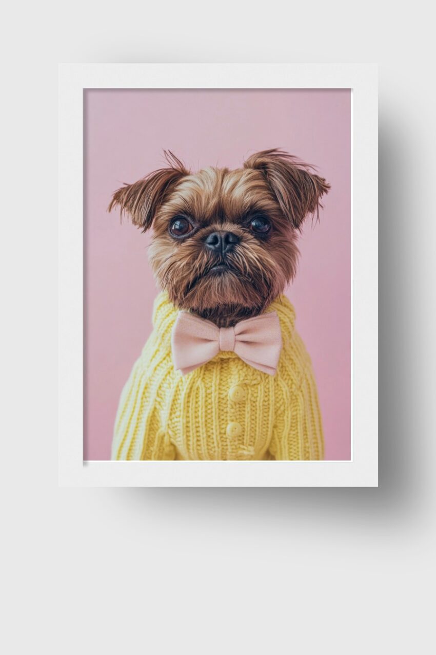 Kunstdruck eines kleinen Hundes im gelben Strickpullover mit rosa Fliege vor rosa Hintergrund