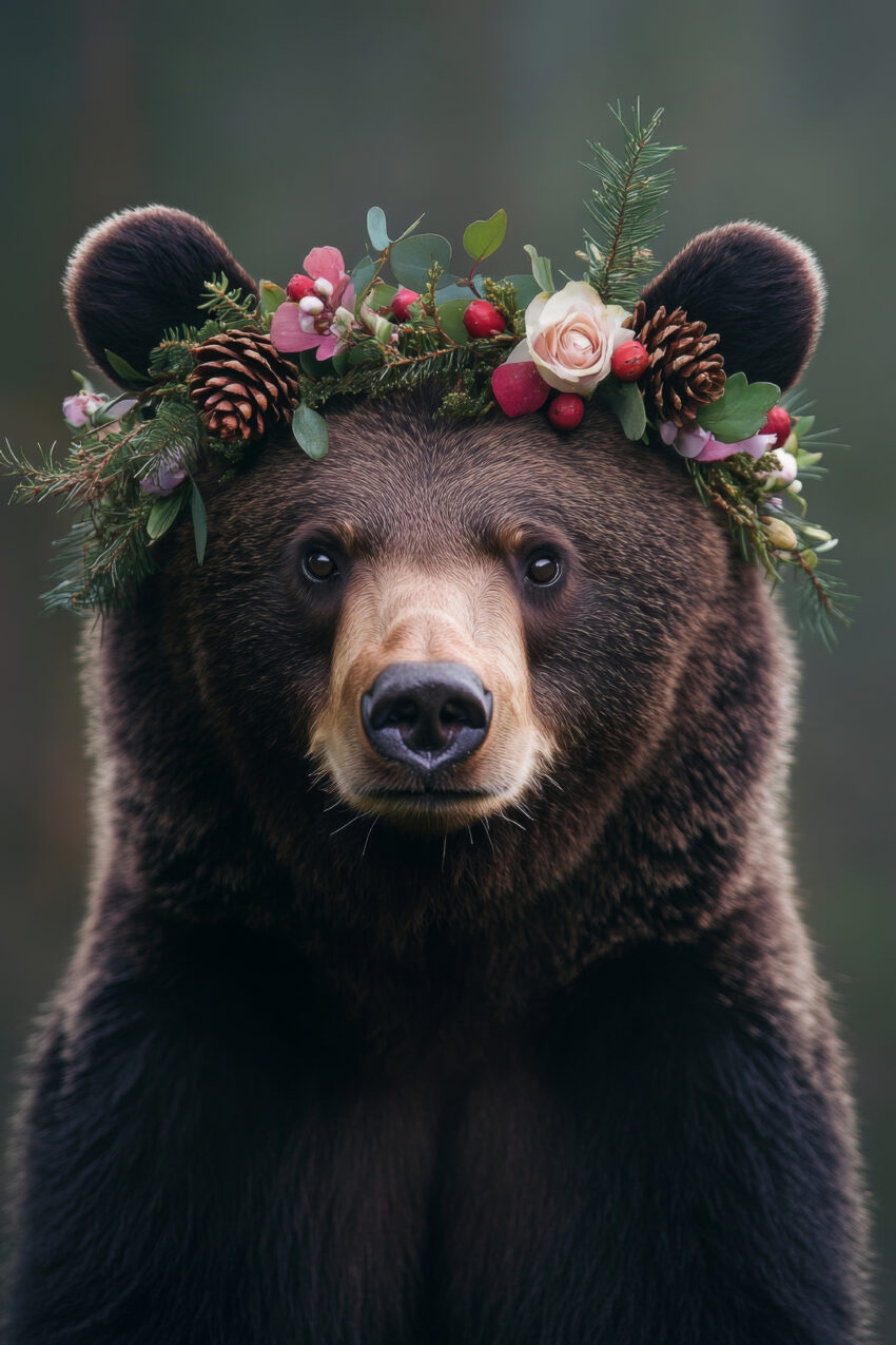 Poster mit Braunbär im Blumenkranz aus Tannenzapfen, Blüten und grünen Zweigen auf natürlichem Hintergrund in moderner Tierfotografie