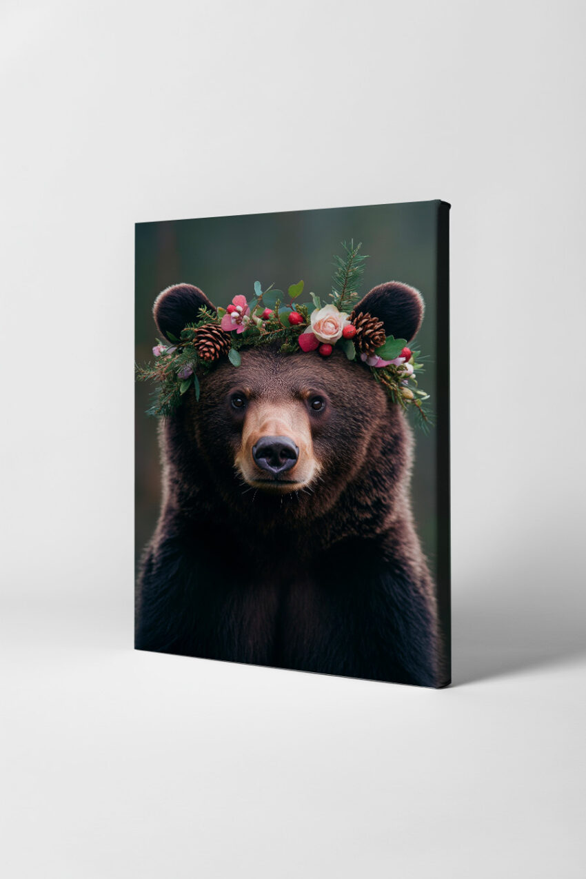 Poster mit Braunbär im Blumenkranz aus Tannenzapfen, Blüten und grünen Zweigen auf natürlichem Hintergrund in moderner Tierfotografie