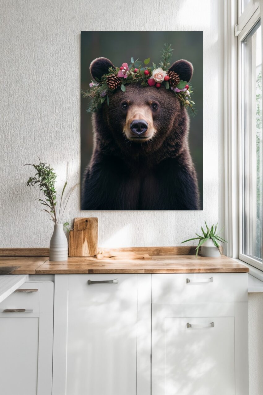Poster mit Braunbär im Blumenkranz aus Tannenzapfen, Blüten und grünen Zweigen auf natürlichem Hintergrund in moderner Tierfotografie