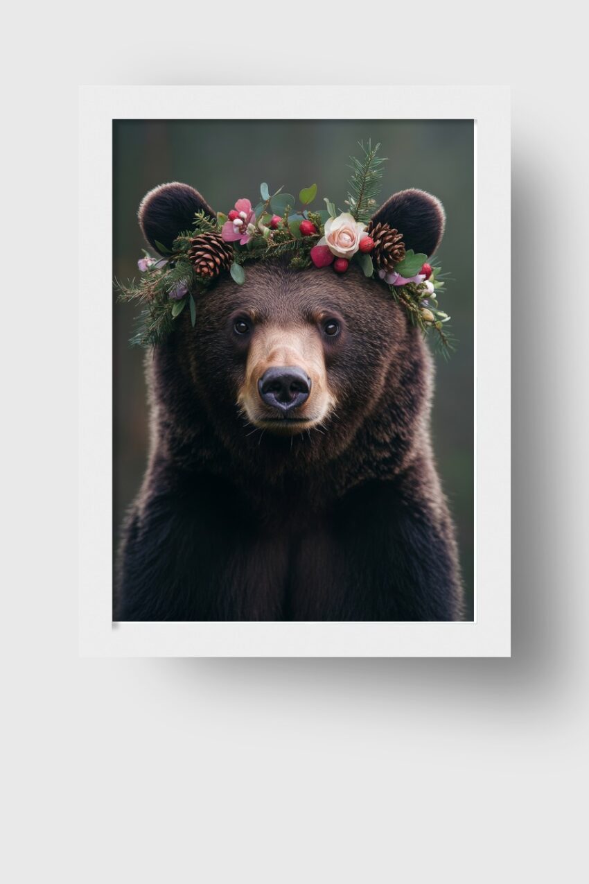 Poster mit Braunbär im Blumenkranz aus Tannenzapfen, Blüten und grünen Zweigen auf natürlichem Hintergrund in moderner Tierfotografie