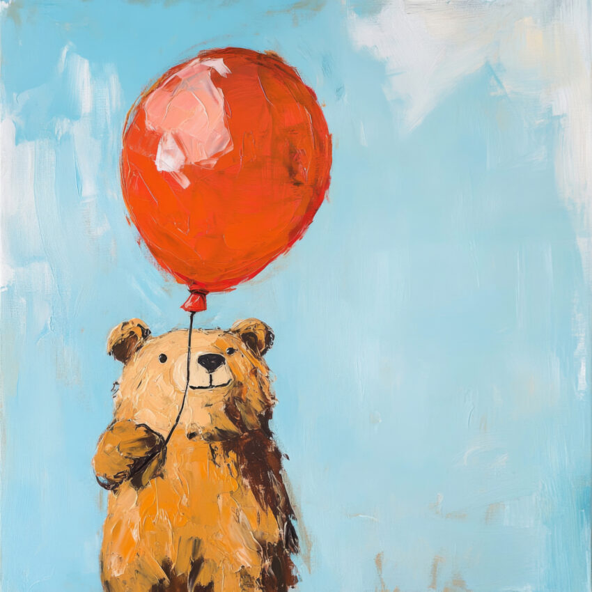 Poster mit lachendem Bär, der roten Ballon vor blauem Hintergrund hält, in farbenfroher Malerei