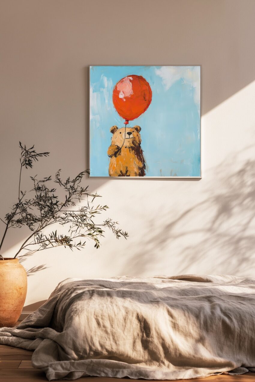 Poster mit lachendem Bär, der roten Ballon vor blauem Hintergrund hält, in farbenfroher Malerei