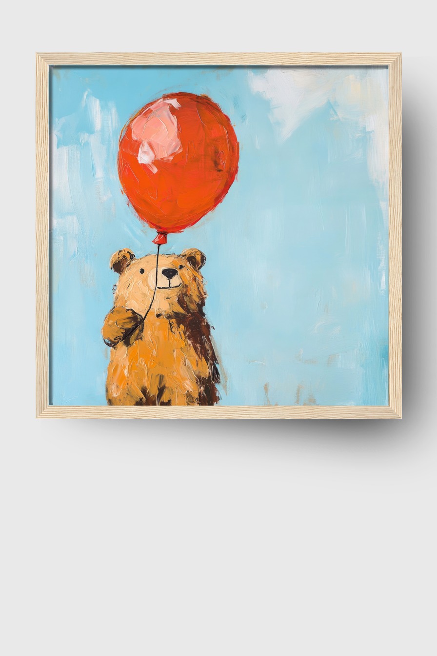 Poster mit lachendem Bär, der roten Ballon vor blauem Hintergrund hält, in farbenfroher Malerei