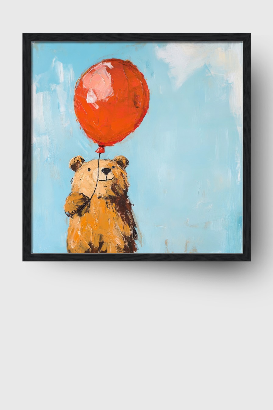 Poster mit lachendem Bär, der roten Ballon vor blauem Hintergrund hält, in farbenfroher Malerei