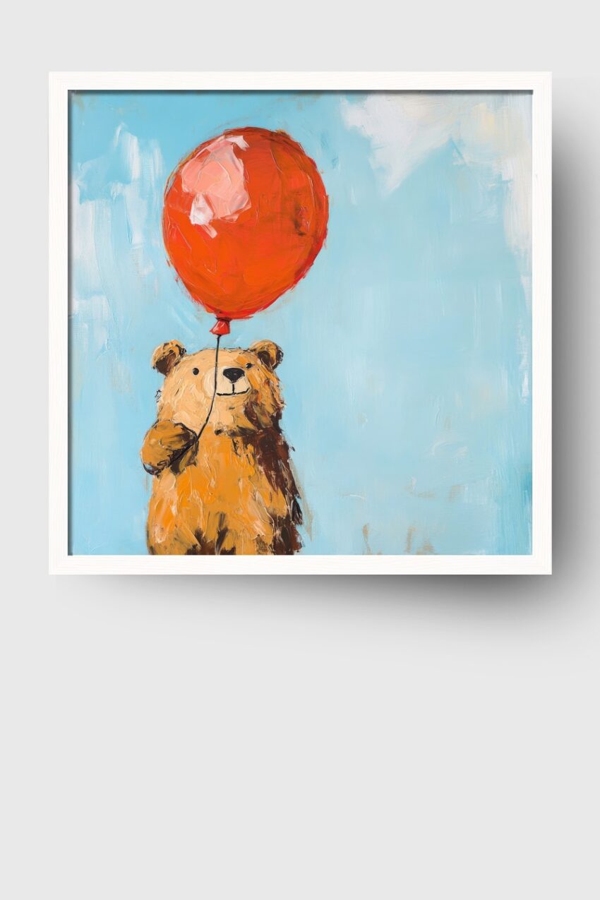 Poster mit lachendem Bär, der roten Ballon vor blauem Hintergrund hält, in farbenfroher Malerei