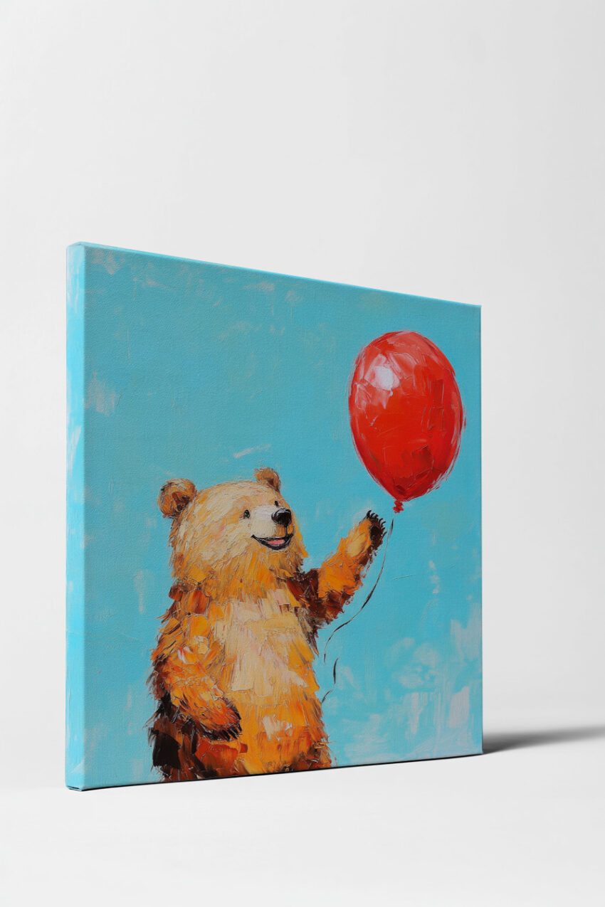 Poster mit fröhlichem braunem Bär, der roten Ballon vor blauem Himmel hält in lebendiger Maltechnik