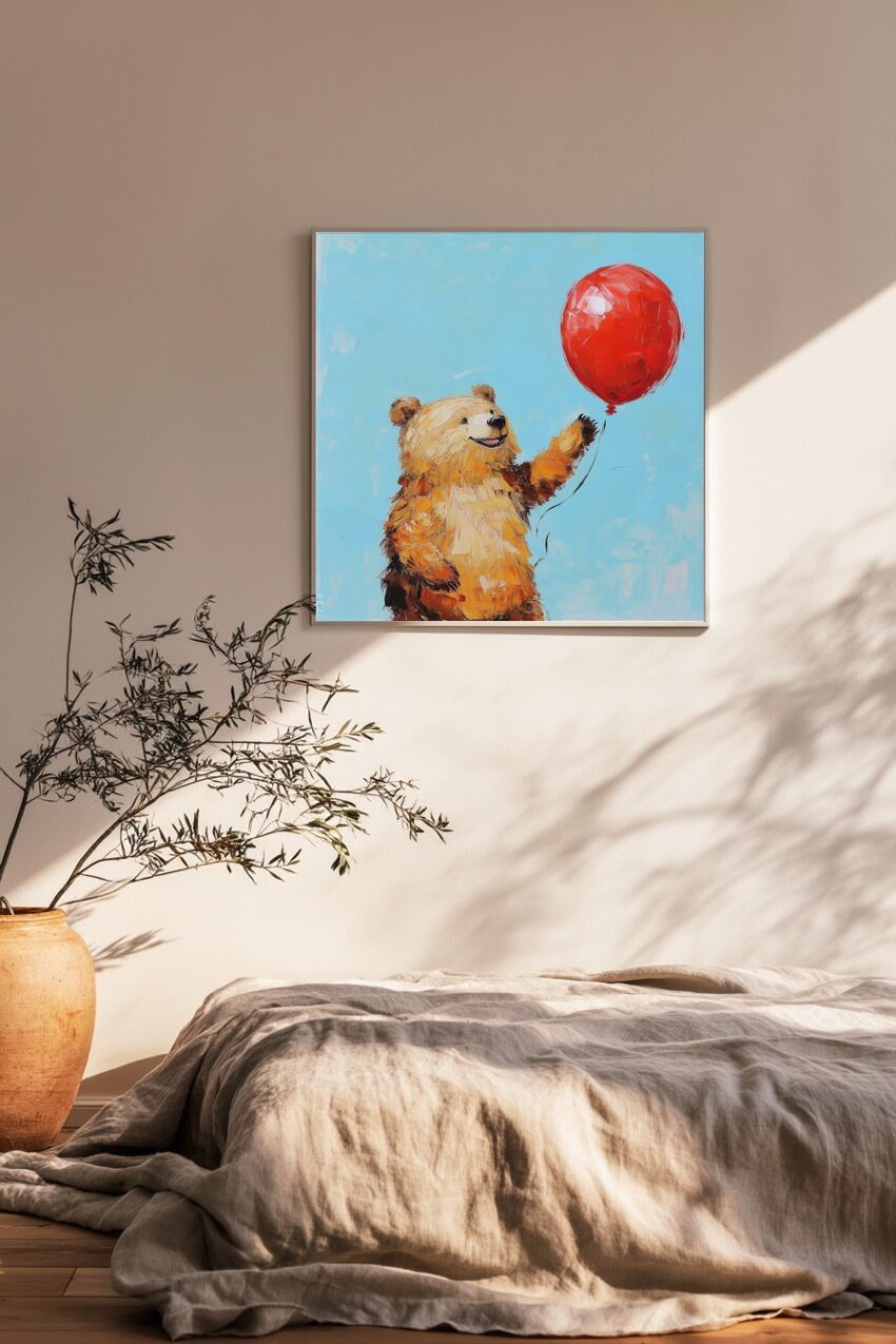 Poster mit fröhlichem braunem Bär, der roten Ballon vor blauem Himmel hält in lebendiger Maltechnik