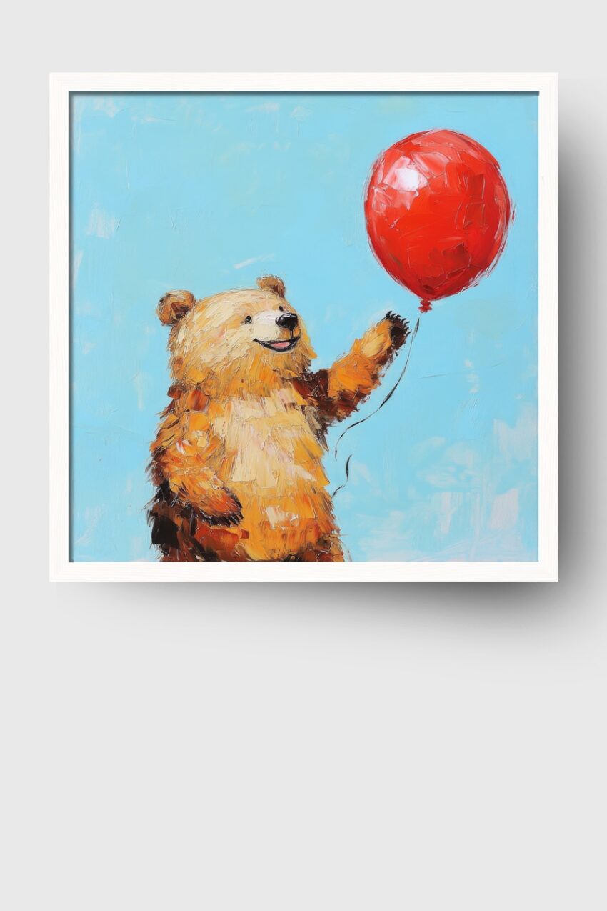 Poster mit fröhlichem braunem Bär, der roten Ballon vor blauem Himmel hält in lebendiger Maltechnik