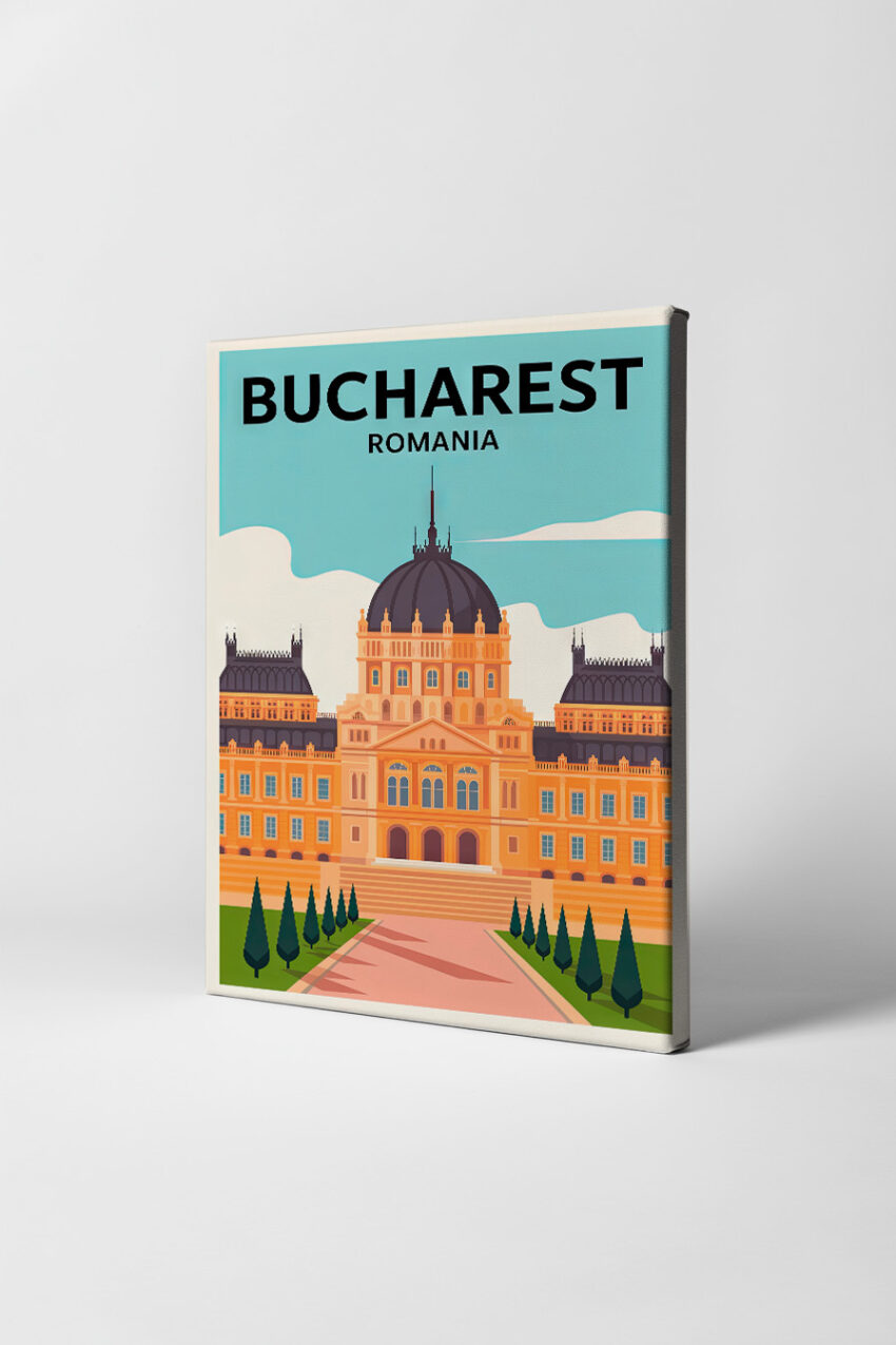 Poster mit Illustration eines historischen Gebäudes in Bukarest Rumänien mit großer Kuppel und Park im Vordergrund in warmen Farben