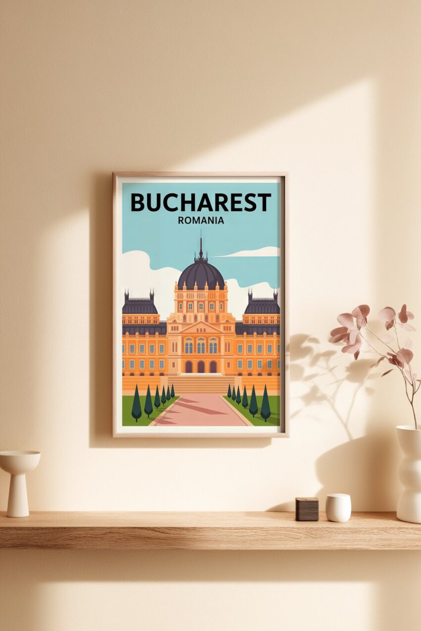 Poster mit Illustration eines historischen Gebäudes in Bukarest Rumänien mit großer Kuppel und Park im Vordergrund in warmen Farben