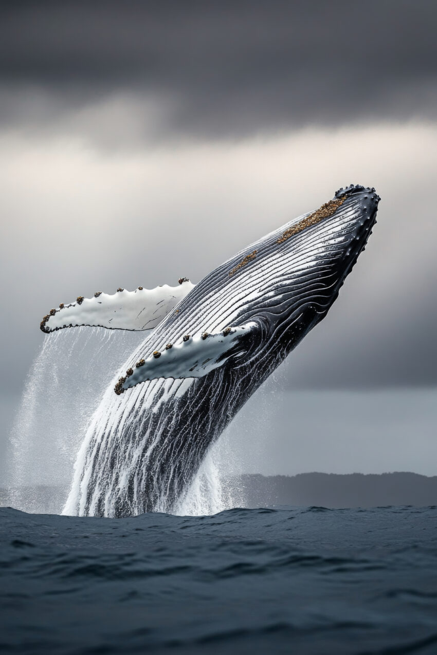 Poster eines Buckelwals der aus dem Wasser springt vor dunklem bewölktem Himmel in natürlichen Farben