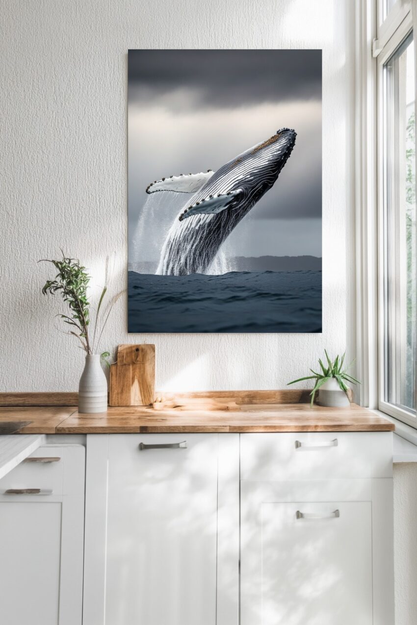 Poster eines Buckelwals der aus dem Wasser springt vor dunklem bewölktem Himmel in natürlichen Farben