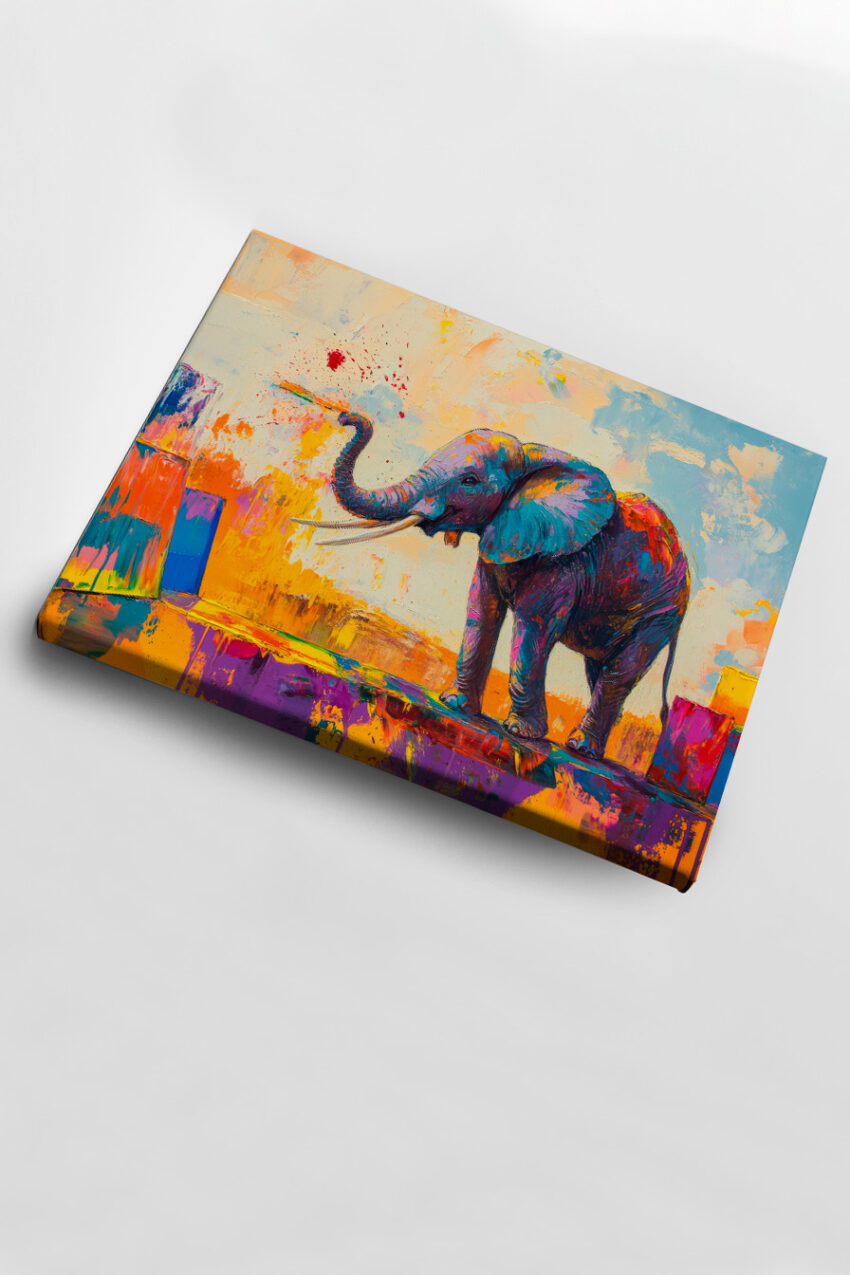 Kunstdruck eines farbenfrohen abstrakten Elefanten in kräftigen Acrylfarben auf hellem Hintergrund