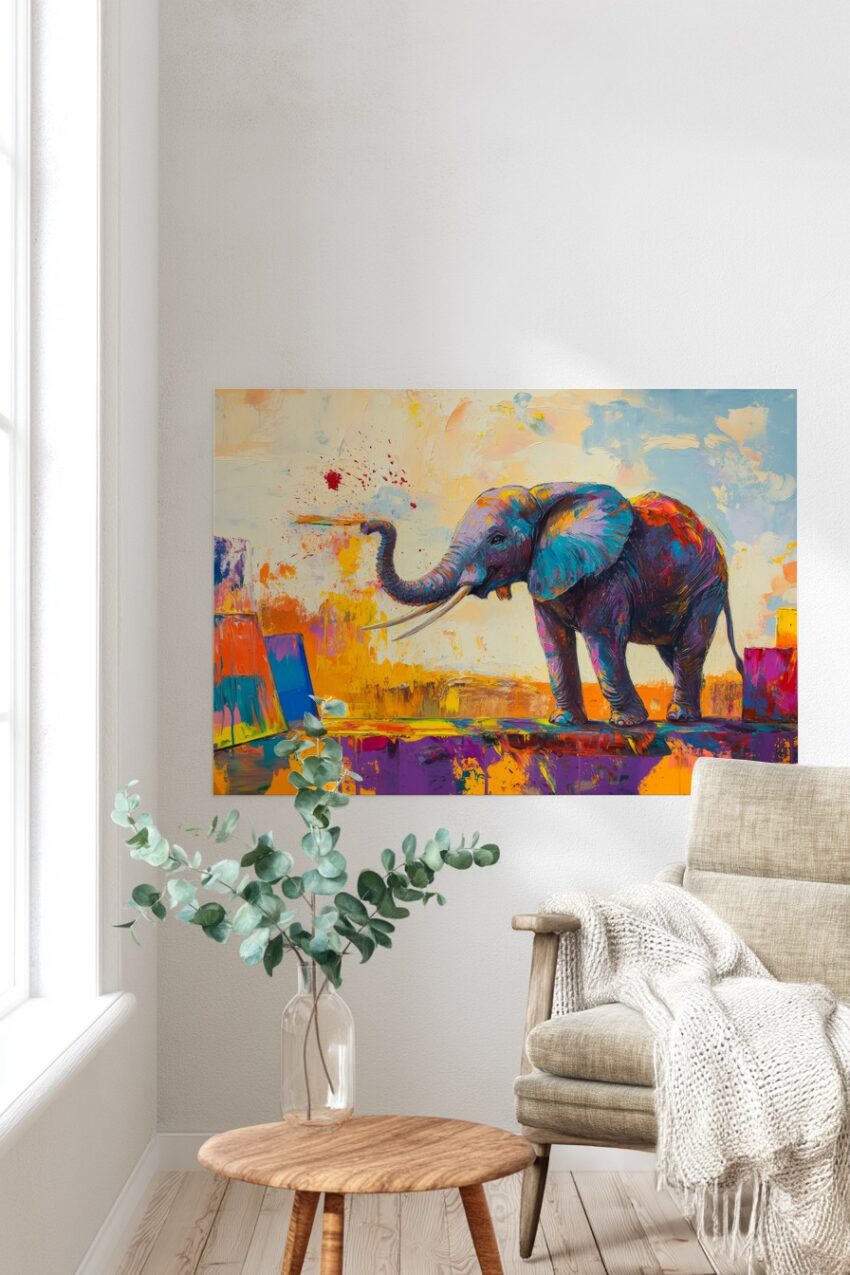 Kunstdruck eines farbenfrohen abstrakten Elefanten in kräftigen Acrylfarben auf hellem Hintergrund