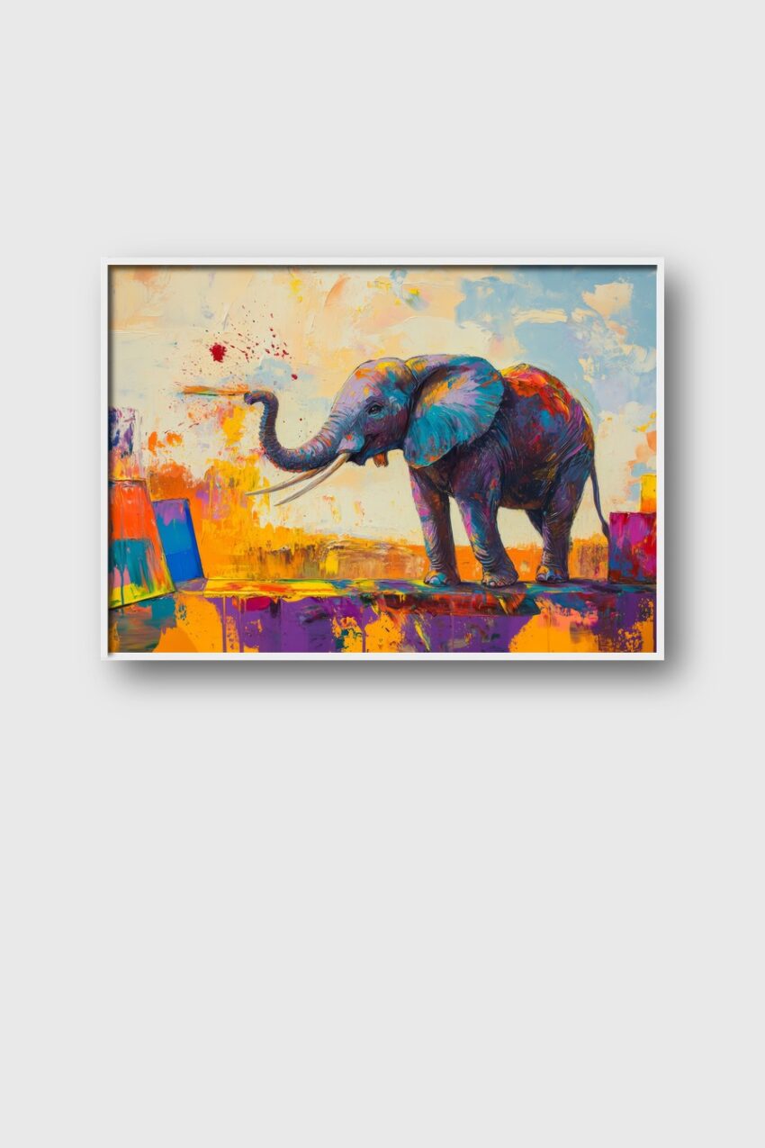 Kunstdruck eines farbenfrohen abstrakten Elefanten in kräftigen Acrylfarben auf hellem Hintergrund