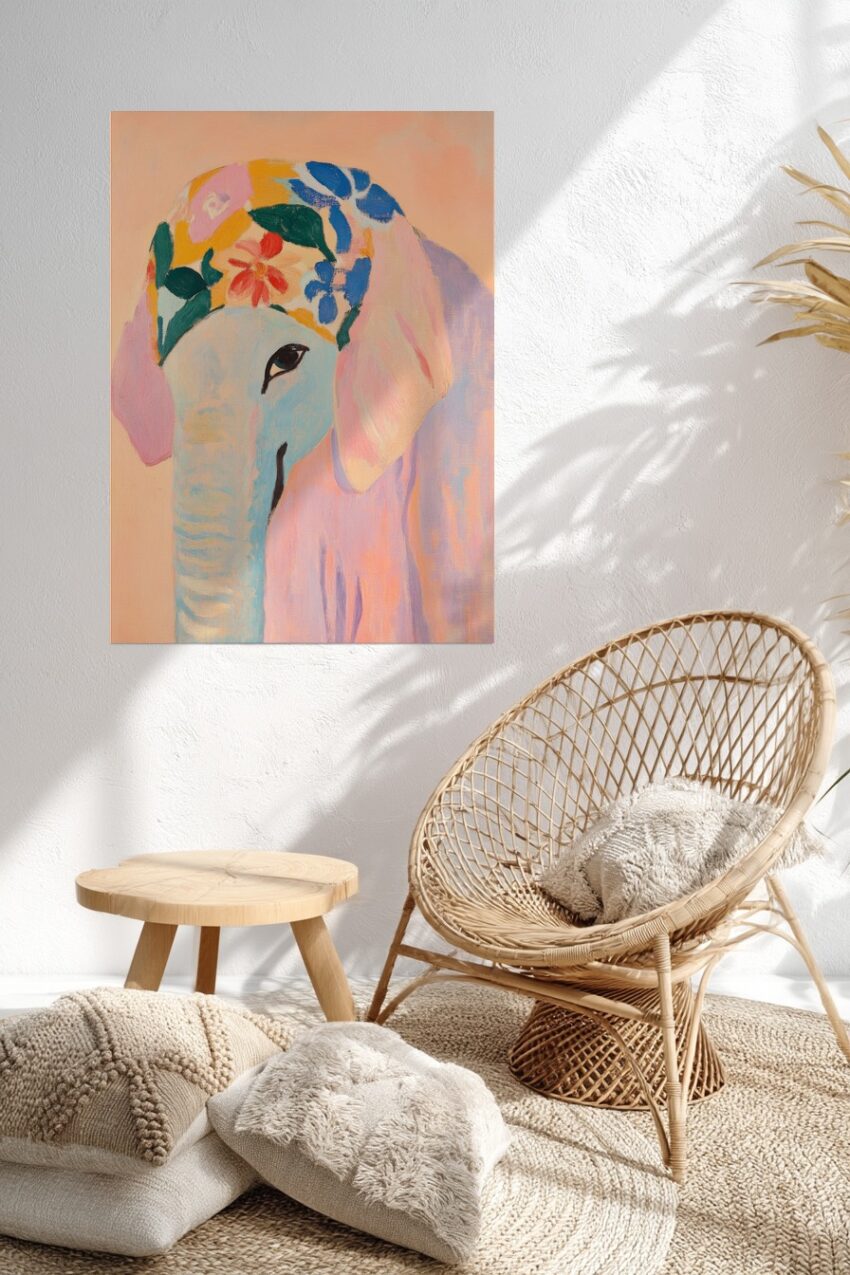 Poster mit Elefantenmotiv in Pastellfarben und bunter Blumenmütze als dekorativer Kunstdruck