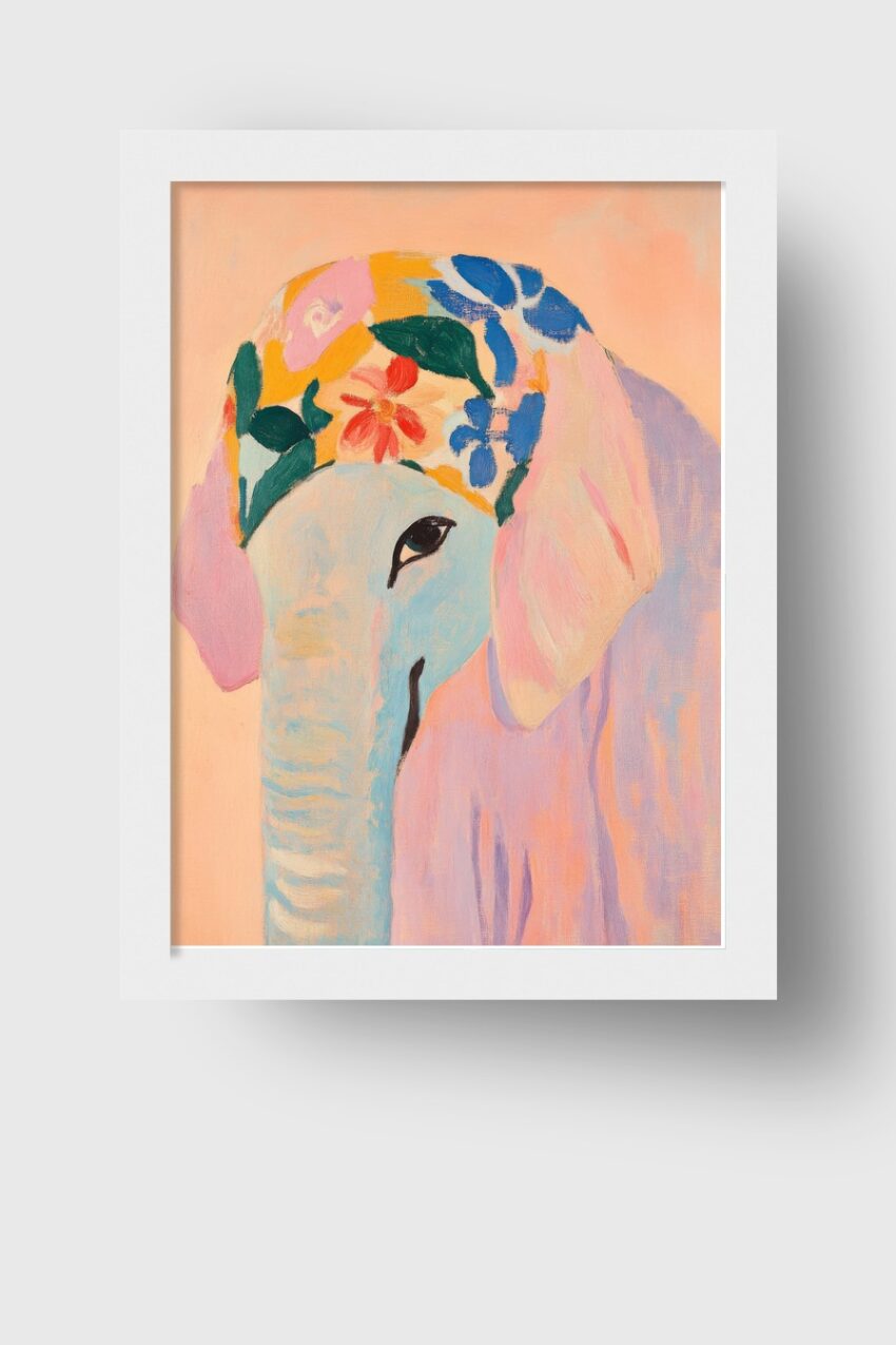 Poster mit Elefantenmotiv in Pastellfarben und bunter Blumenmütze als dekorativer Kunstdruck