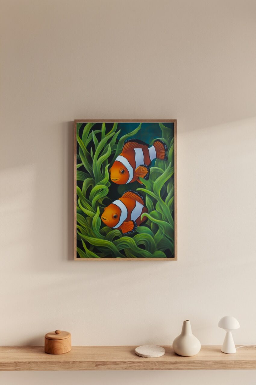 Poster mit zwei Clownfischen im grünen Seegras, farbenfroh und naturgetreu gemalt.