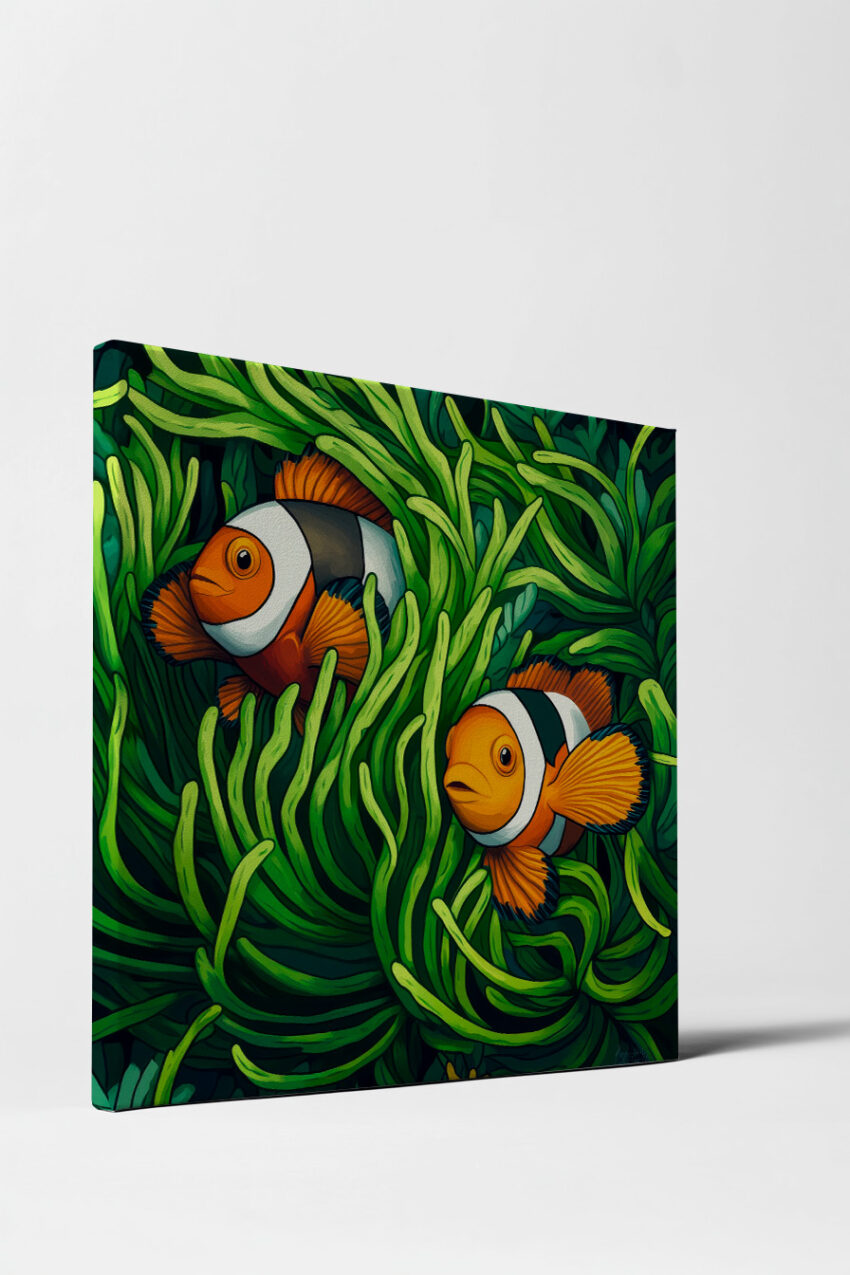 Poster mit zwei Clownfischen im grünen Seegras in leuchtenden Farben