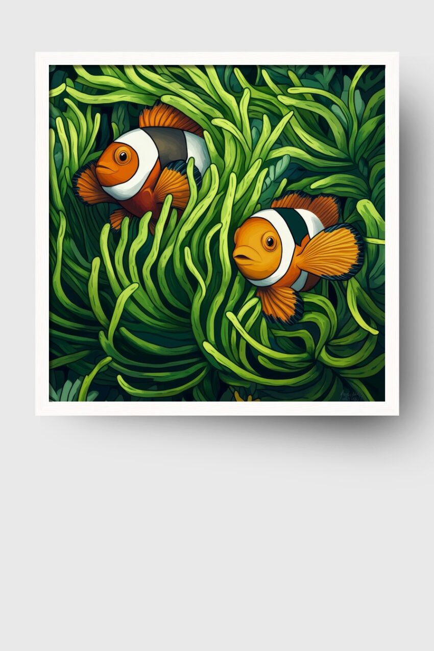 Poster mit zwei Clownfischen im grünen Seegras in leuchtenden Farben