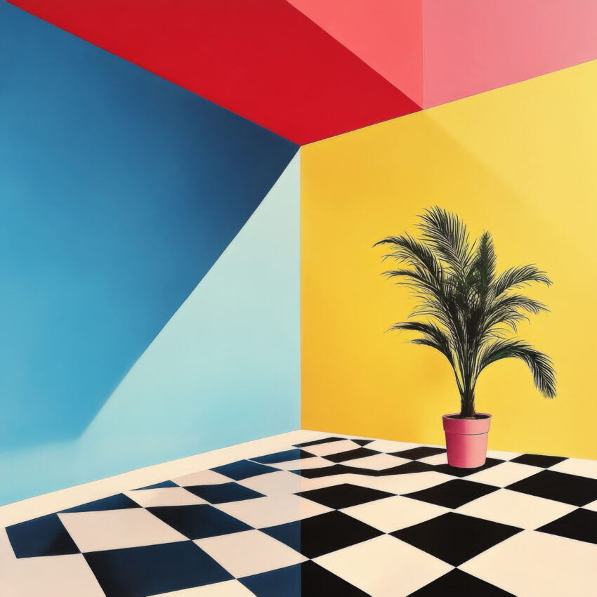 Poster mit grüner Zimmerpflanze vor gelber Wand, roter Decke und blauem Wandbereich, minimalistisch designter Raum mit Schachbrettboden