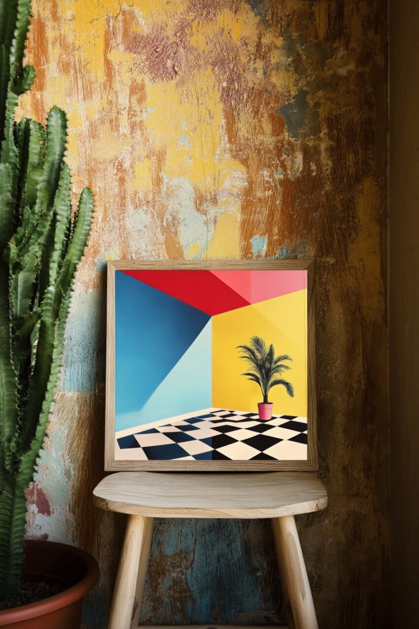 Poster mit grüner Zimmerpflanze vor gelber Wand, roter Decke und blauem Wandbereich, minimalistisch designter Raum mit Schachbrettboden