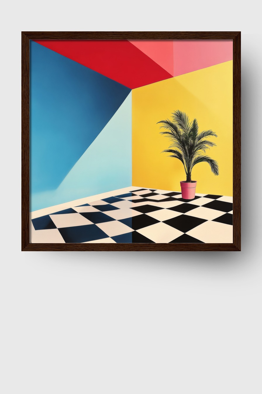 Poster mit grüner Zimmerpflanze vor gelber Wand, roter Decke und blauem Wandbereich, minimalistisch designter Raum mit Schachbrettboden