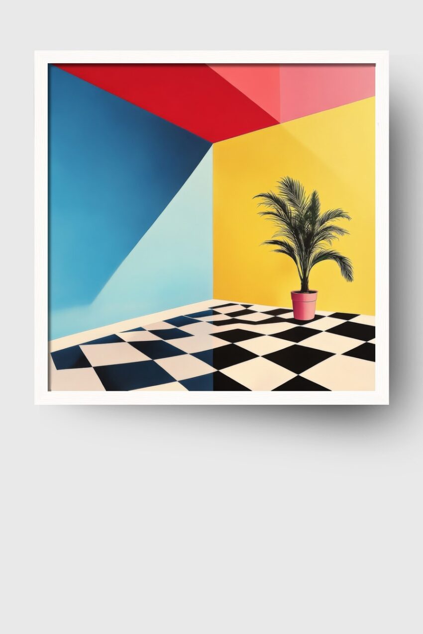 Poster mit grüner Zimmerpflanze vor gelber Wand, roter Decke und blauem Wandbereich, minimalistisch designter Raum mit Schachbrettboden