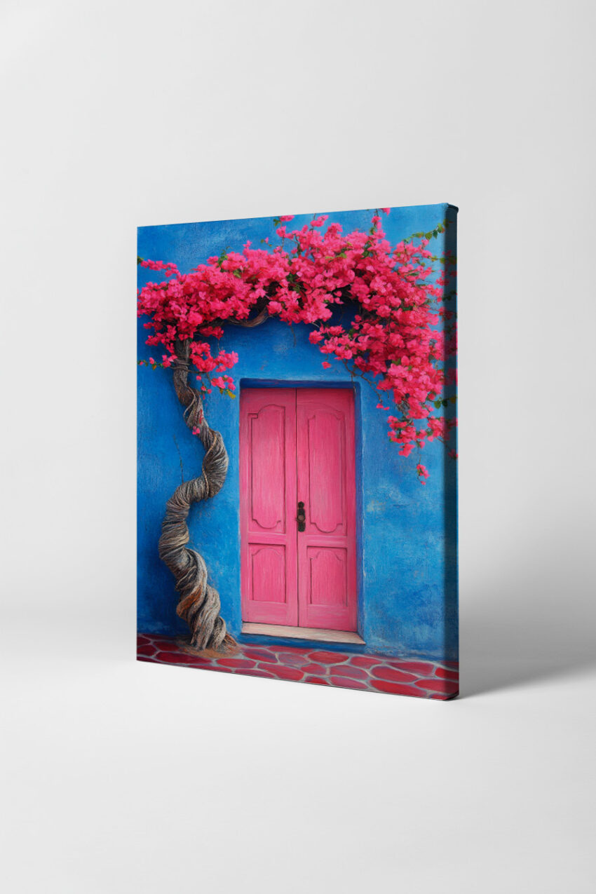 Kunstdruck mit pink blühender Bougainvillea an türkisblauer Wand und pinker Tür in kräftigen Farben