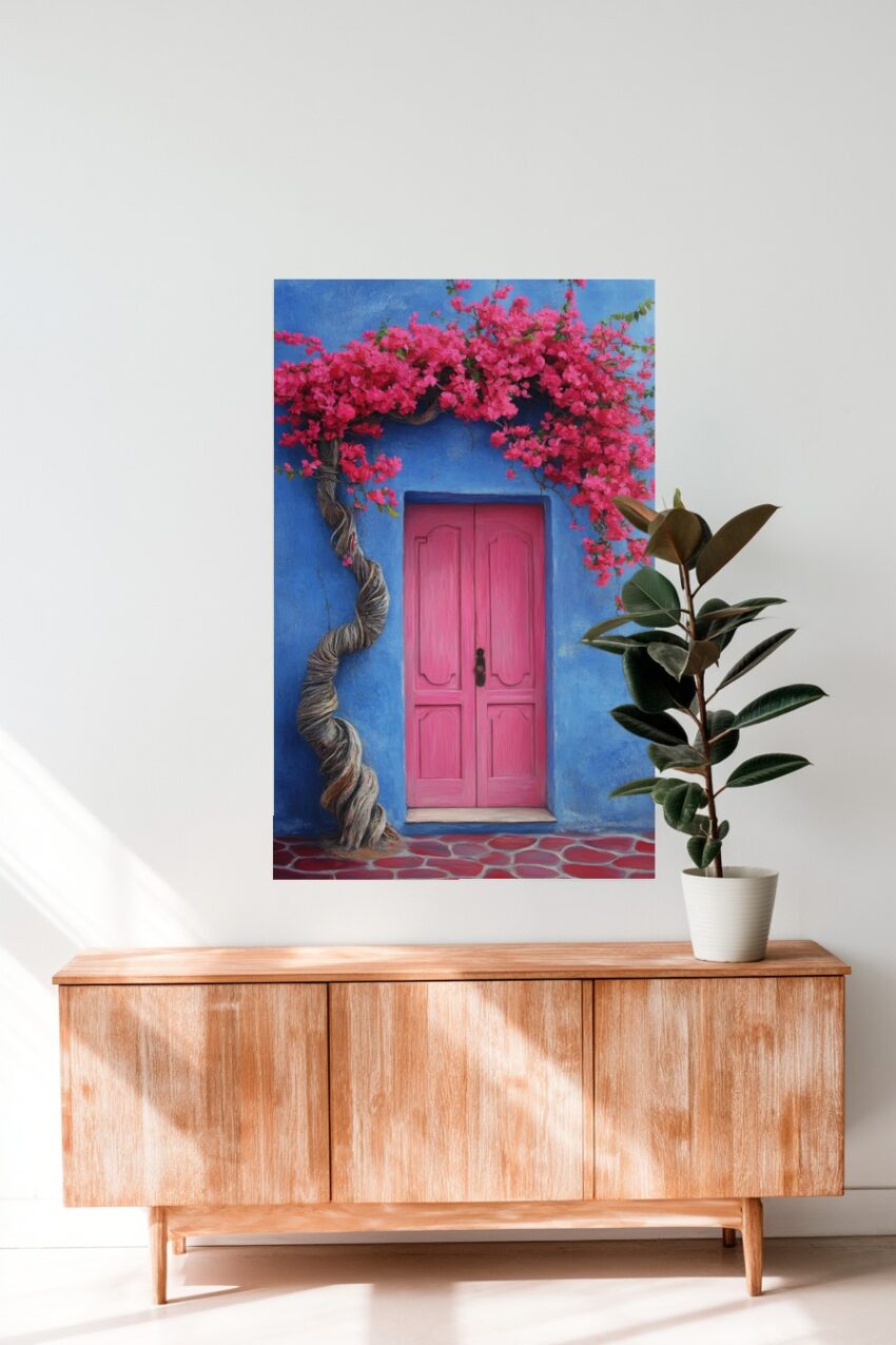 Kunstdruck mit pink blühender Bougainvillea an türkisblauer Wand und pinker Tür in kräftigen Farben
