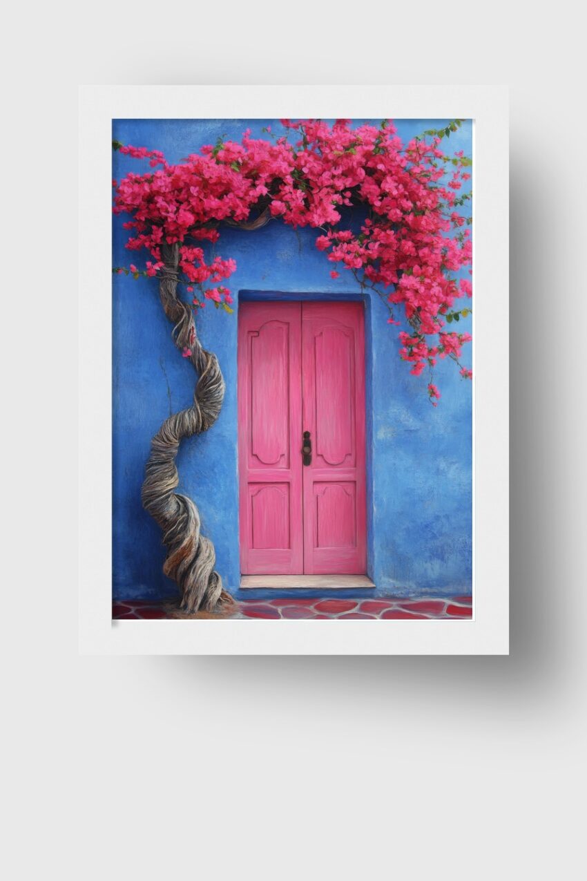 Kunstdruck mit pink blühender Bougainvillea an türkisblauer Wand und pinker Tür in kräftigen Farben
