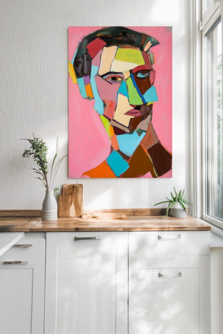 Kunstdruck abstraktes buntes männliches Gesicht in kubistischer Malerei auf rosa Hintergrund