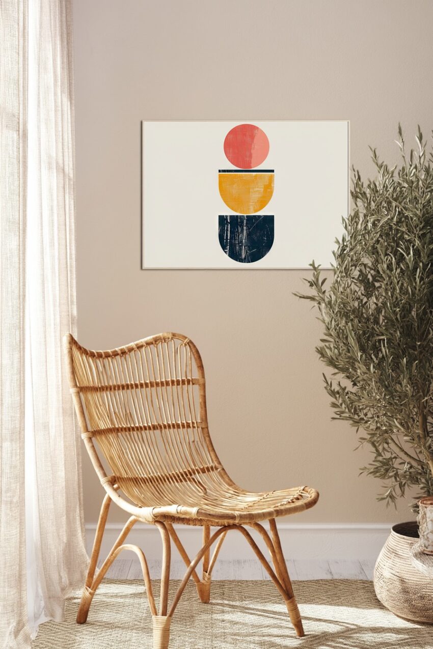 Geometrische Komposition mit Kreis und zwei Halbkreisen in Rot, Gelb und Schwarz als abstrakter Kunstdruck