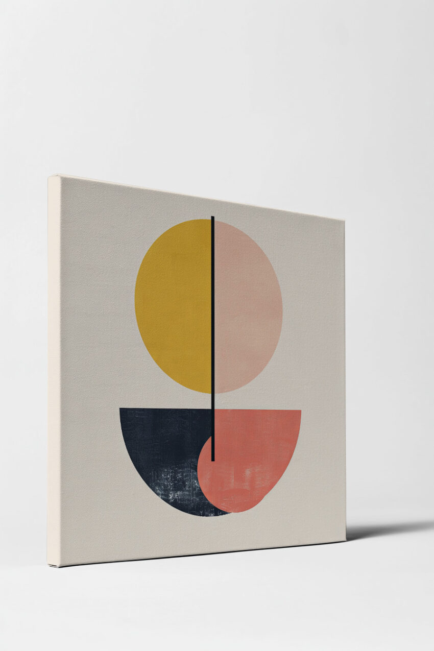 Abstraktes geometrisches Motiv mit Kreisen und Halbkreisen in Gelb, Rosa und Dunkelblau als moderner Kunstdruck