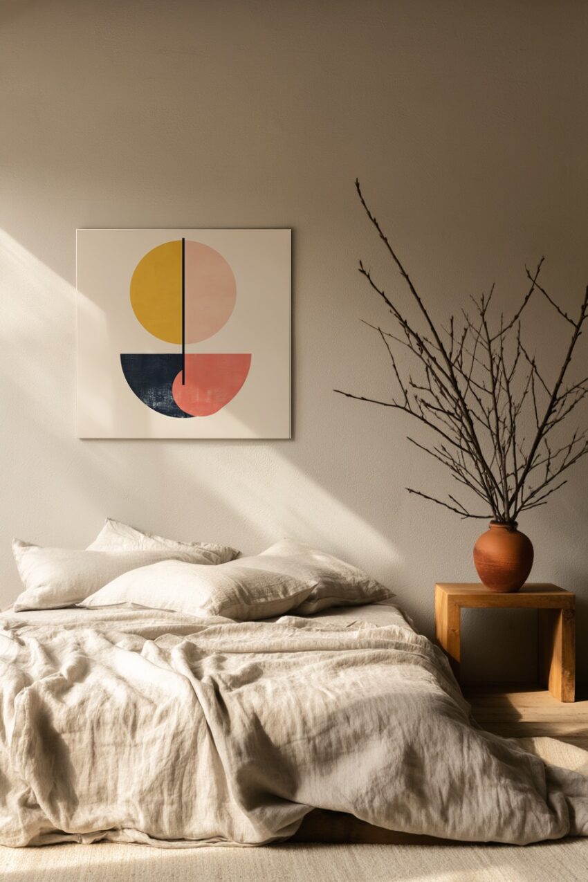 Abstraktes geometrisches Motiv mit Kreisen und Halbkreisen in Gelb, Rosa und Dunkelblau als moderner Kunstdruck