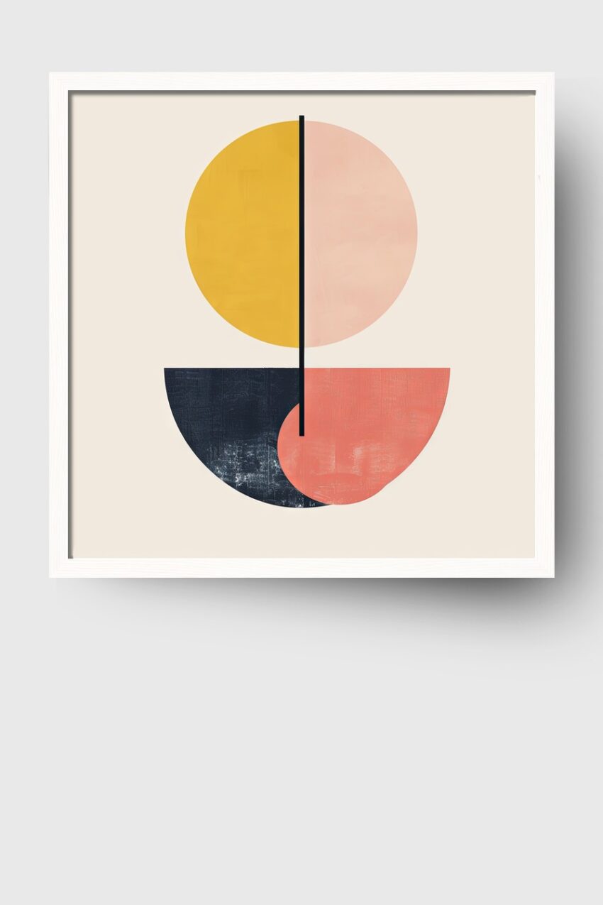 Abstraktes geometrisches Motiv mit Kreisen und Halbkreisen in Gelb, Rosa und Dunkelblau als moderner Kunstdruck