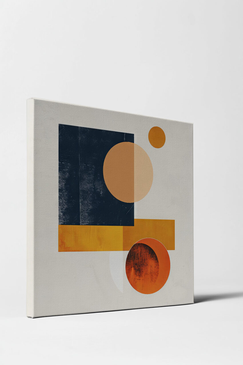 Abstraktes Poster mit geometrischen Formen in Orange und Blau als moderner Kunstdruck