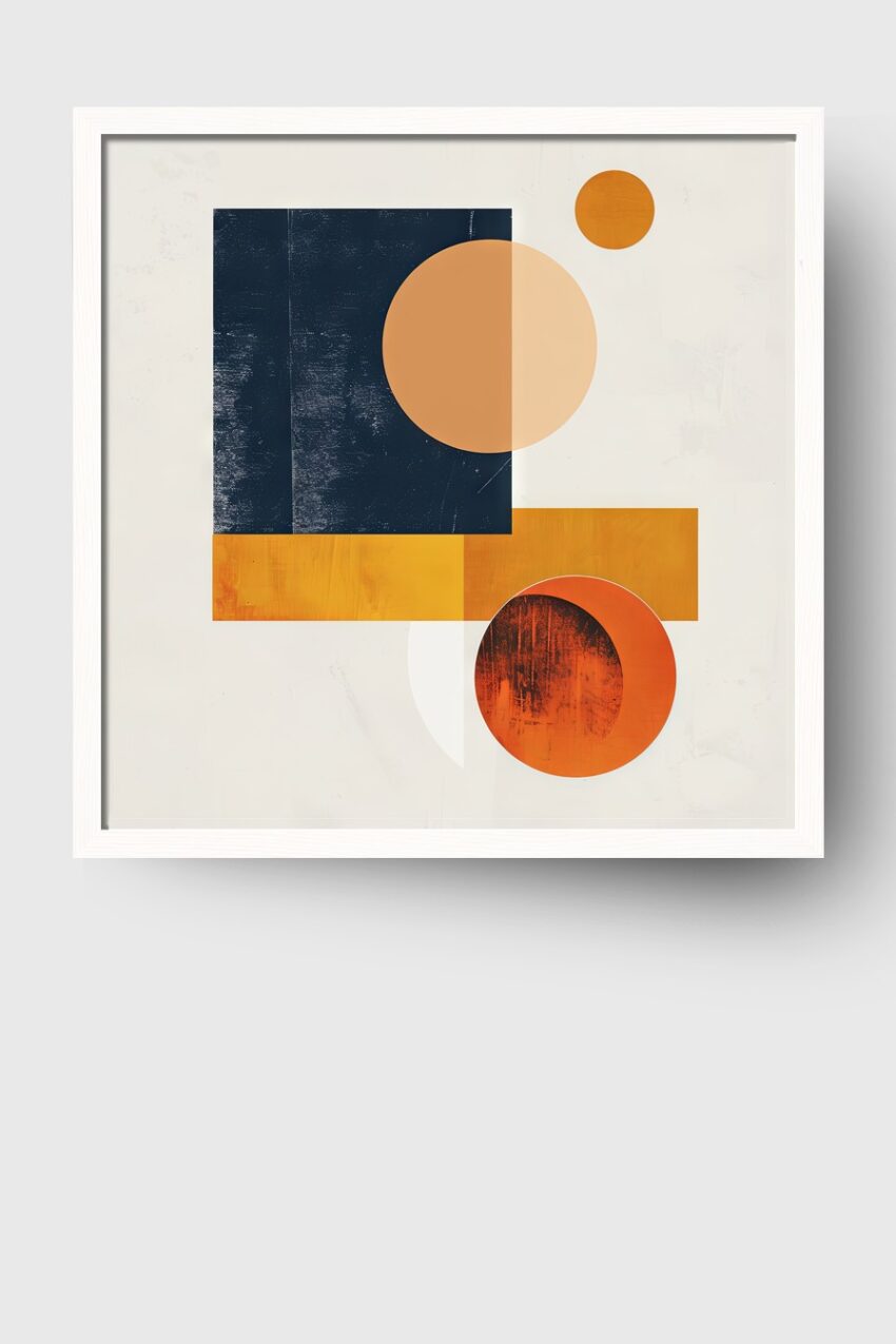 Abstraktes Poster mit geometrischen Formen in Orange und Blau als moderner Kunstdruck