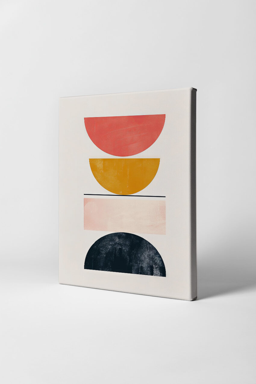 Poster mit abstrakten Halbkreisen und Rechteck in Rot, Gelb, Rosa und Schwarz im minimalistischen Stil