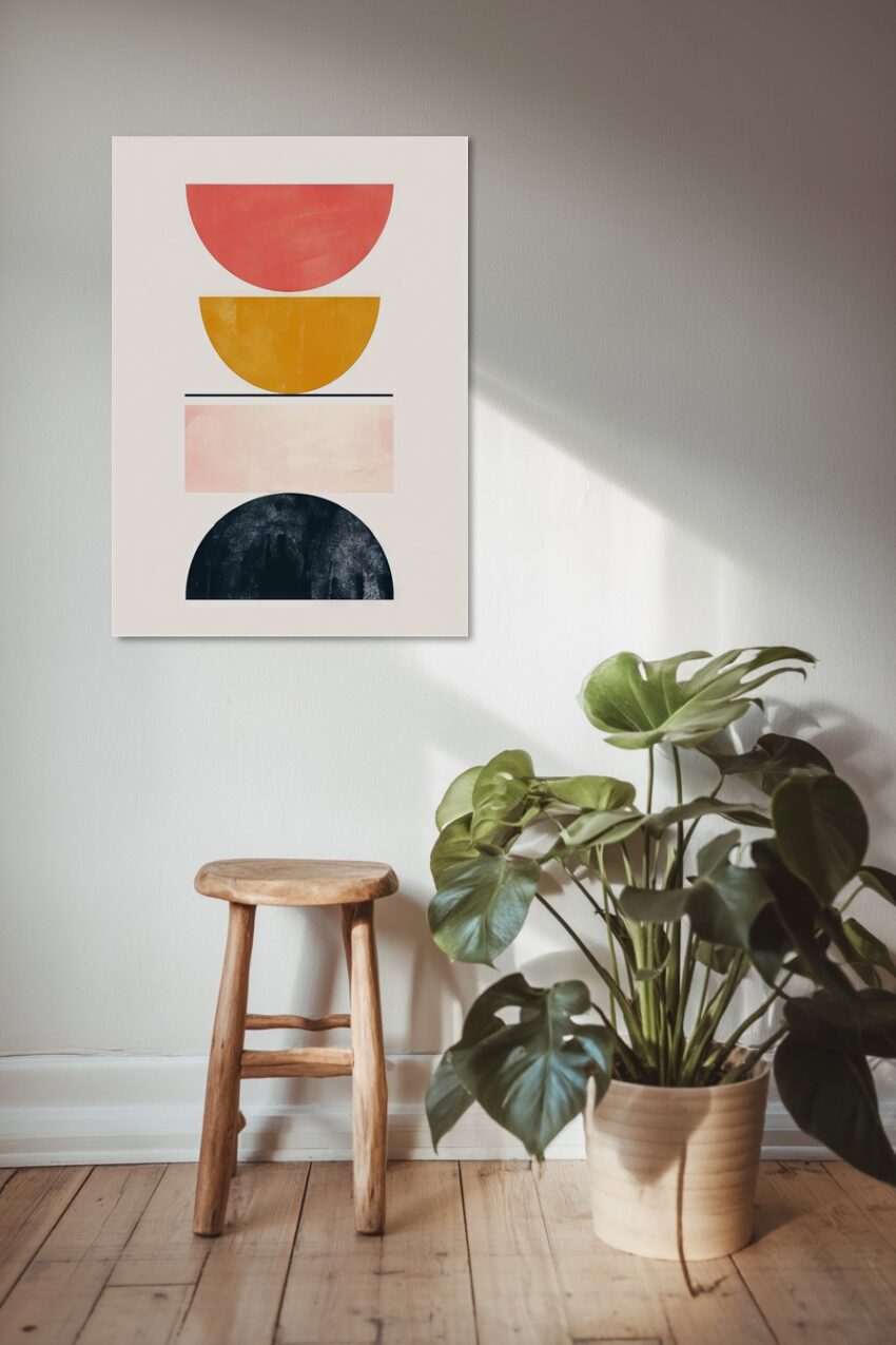 Poster mit abstrakten Halbkreisen und Rechteck in Rot, Gelb, Rosa und Schwarz im minimalistischen Stil