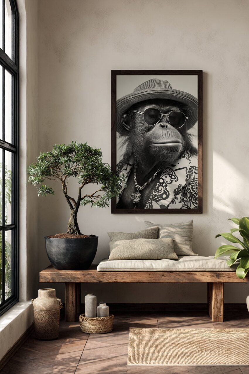 Schwarz-weiß Poster eines Orang-Utans mit Sonnenbrille, Hut und gemusterter Kleidung als stylisches Tierportrait