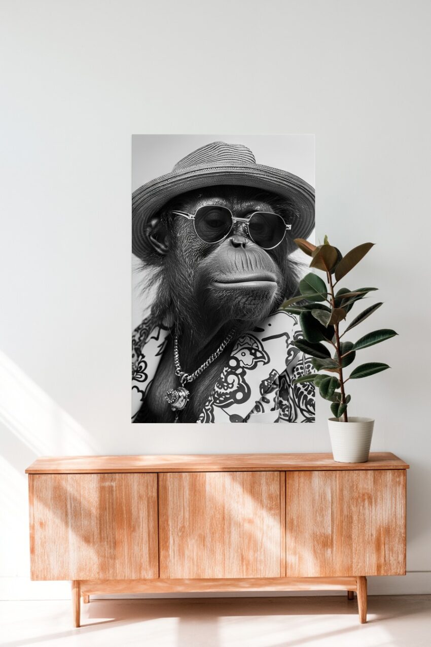 Schwarzweiß Poster eines Affen mit Sonnenbrille, Hut und gemustertem Jacket in modischem Stil