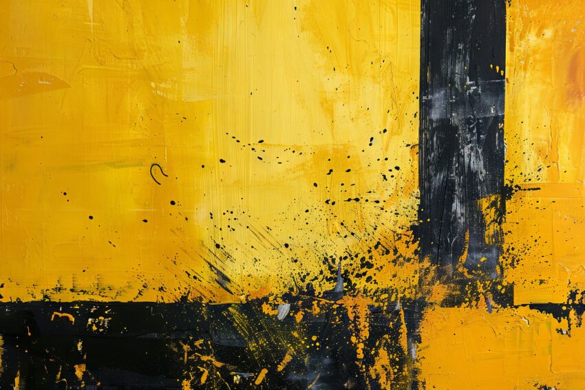 Abstraktes Poster mit schwarzen Farbspritzern und gelben Flächen in moderner Farbkombination