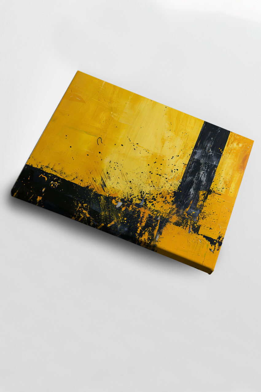 Abstraktes Poster mit gelben und schwarzen Farbflächen und Spritzern in moderner Komposition
