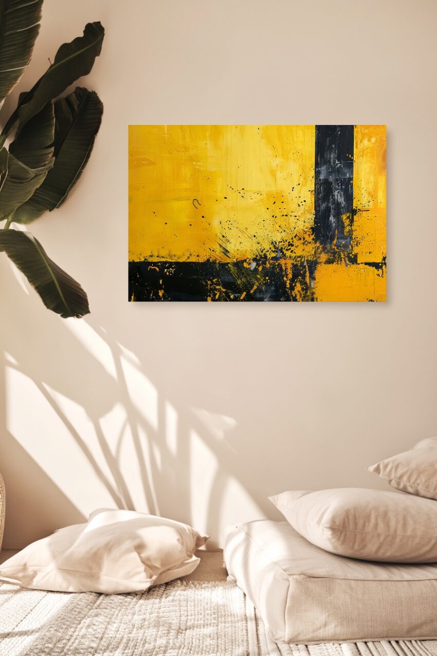 Abstraktes Poster mit gelben und schwarzen Farbflächen und Spritzern in moderner Komposition