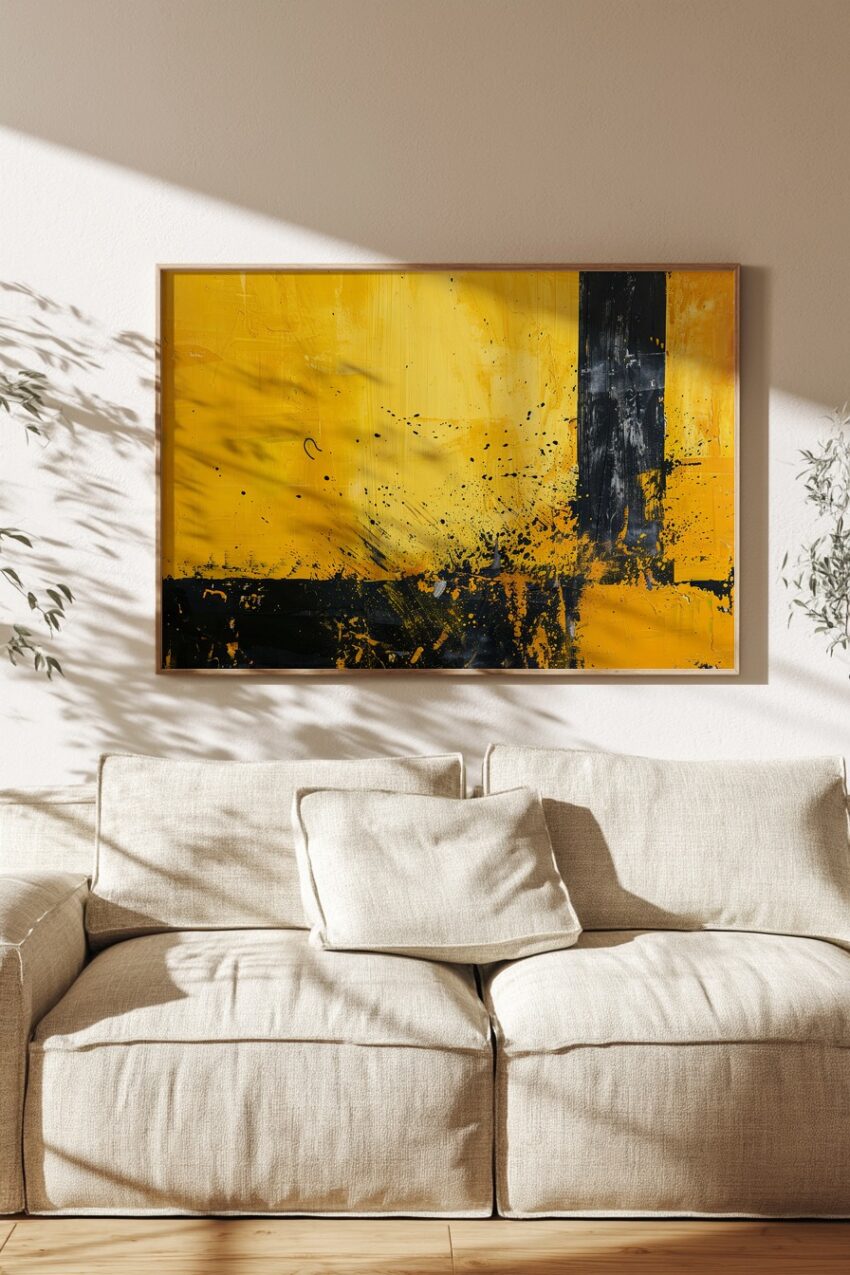 Abstraktes Poster mit schwarzen Farbspritzern und gelben Flächen in moderner Farbkombination